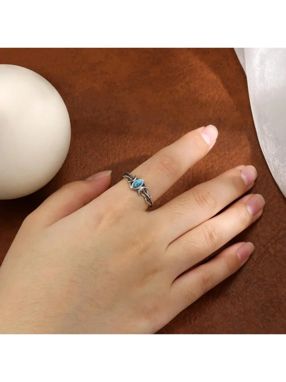 Turquoise Crescent Moon Ring - 925 Sterling Silver Adjustable Vintage Jewelry